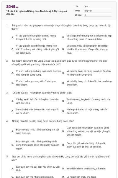 14 câu trắc nghiệm Những hòn đảo trên vịnh Hạ Long (có đáp án)