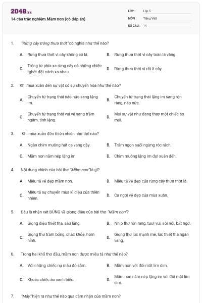 14 câu trắc nghiệm Mầm non (có đáp án)