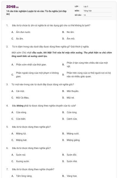 14 câu trắc nghiệm Luyện từ và câu: Từ đa nghĩa (có đáp án)
