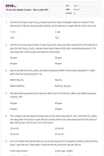 70 câu trắc nghiệm Cacbon - Silic cơ bản (P2)