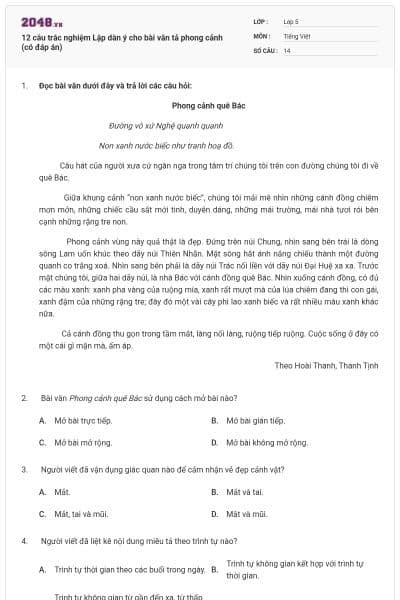 12 câu trắc nghiệm Lập dàn ý cho bài văn tả phong cảnh (có đáp án)