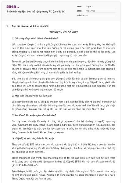 5 câu trắc nghiệm Đọc mở rộng (trang 71) (có đáp án)