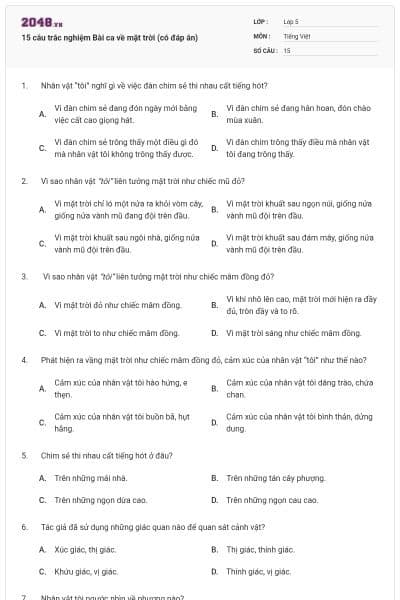 15 câu trắc nghiệm Bài ca về mặt trời (có đáp án)