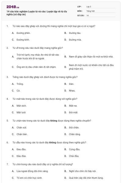 14 câu trắc nghiệm Luyện từ và câu: Luyện tập về từ đa nghĩa (có đáp án)