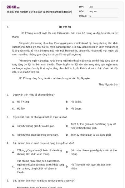 15 câu trắc nghiệm Viết bài văn tả phong cảnh (có đáp án)