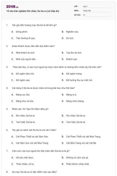 15 câu trắc nghiệm Xin chào, Xa-ha-ra (có đáp án)