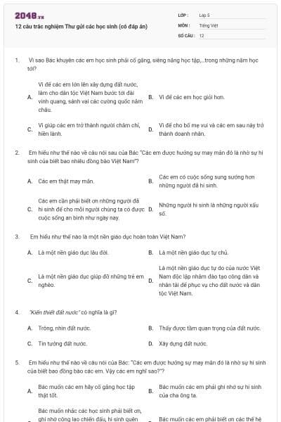 12 câu trắc nghiệm Thư gửi các học sinh (có đáp án)