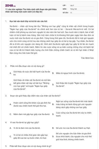 11 câu trắc nghiệm Tìm hiểu cách viết đoạn văn giới thiệu nhân vật trong một cuốn sách (có đáp án)