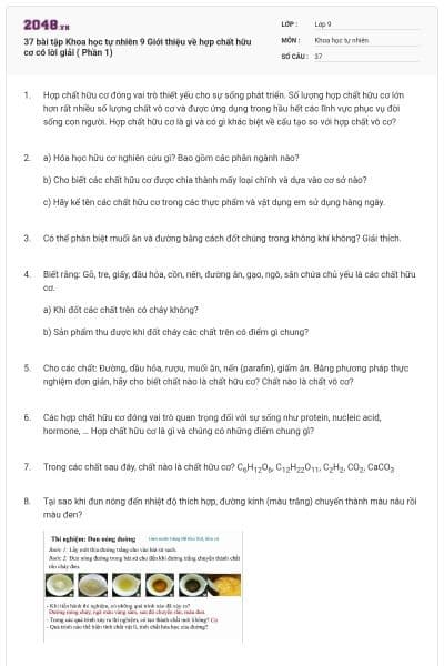 37 bài tập Khoa học tự nhiên 9 Giới thiệu về hợp chất hữu cơ có lời giải ( Phần 1)
