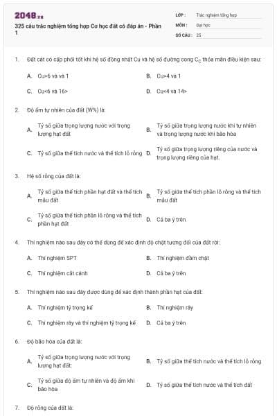 325 câu trắc nghiệm tổng hợp Cơ học đất có đáp án - Phần 1