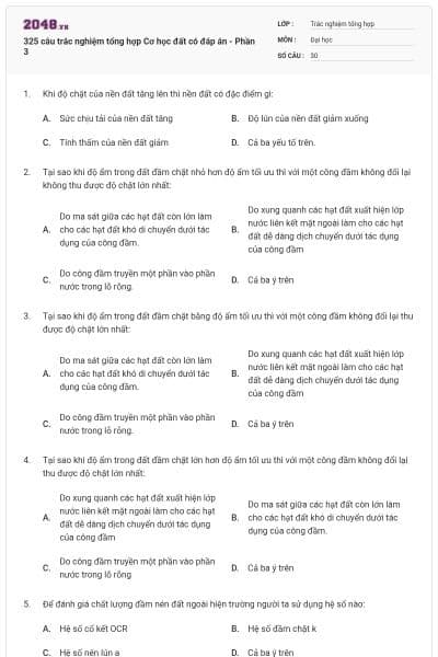 325 câu trắc nghiệm tổng hợp Cơ học đất có đáp án - Phần 3