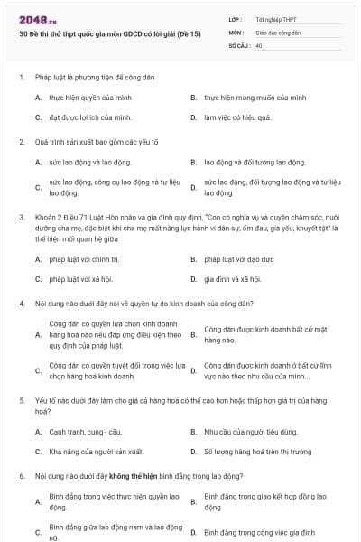 30 Đề thi thử thpt quốc gia môn GDCD có lời giải (Đề 15)