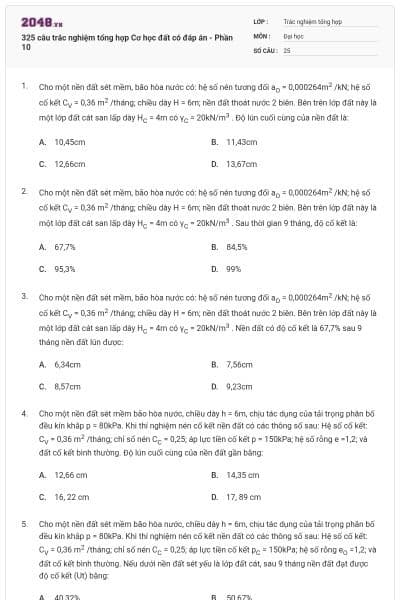 325 câu trắc nghiệm tổng hợp Cơ học đất có đáp án - Phần 10