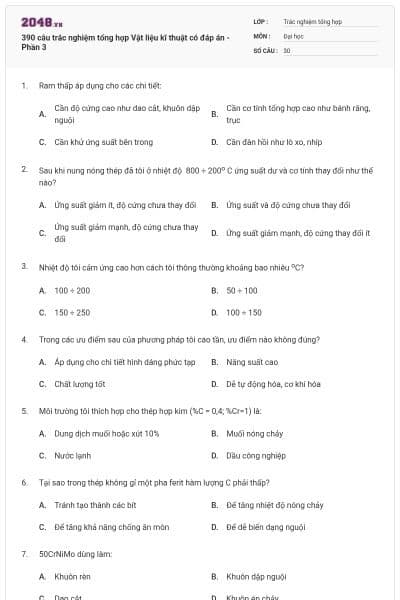 390 câu trắc nghiệm tổng hợp Vật liệu kĩ thuật có đáp án - Phần 3