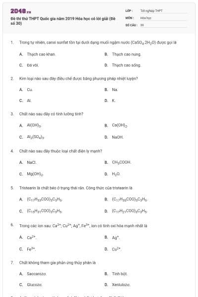 Đề thi thử THPT Quốc gia năm 2019 Hóa học có lời giải (Đề số 30)
