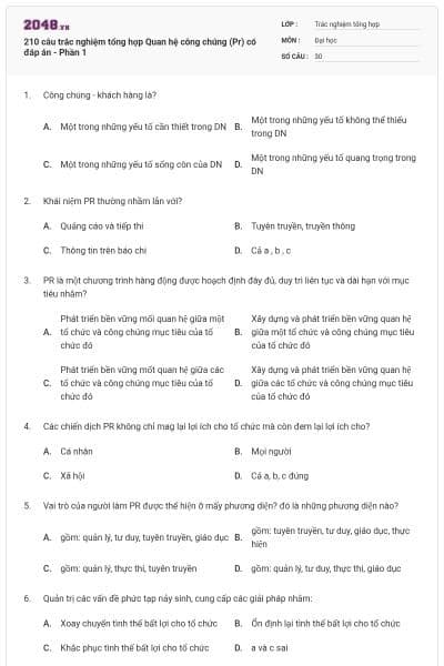 210 câu trắc nghiệm tổng hợp Quan hệ công chúng (Pr) có đáp án - Phần 1