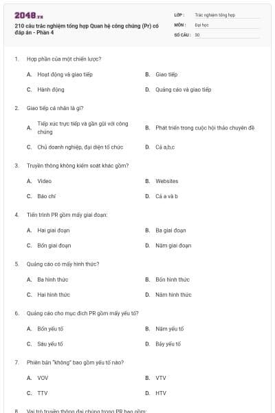210 câu trắc nghiệm tổng hợp Quan hệ công chúng (Pr) có đáp án - Phần 4