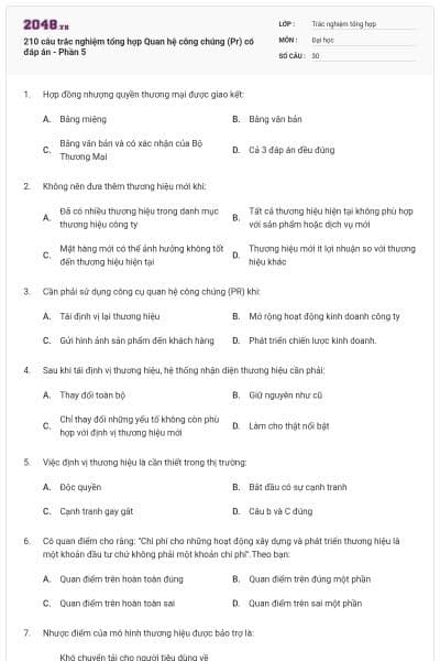 210 câu trắc nghiệm tổng hợp Quan hệ công chúng (Pr) có đáp án - Phần 5