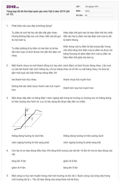 Tổng hợp đề thi thử thpt quốc gia môn Vật lí năm 2019 (đề số 12)