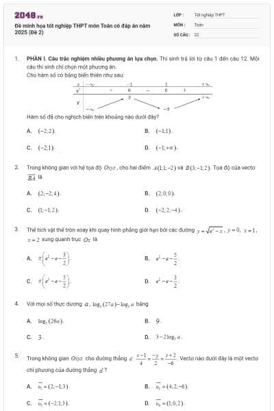 Đề minh họa tốt nghiệp THPT môn Toán có đáp án năm 2025 (Đề 2)