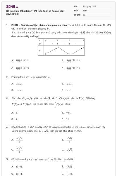 Đề minh họa tốt nghiệp THPT môn Toán có đáp án năm 2025 (Đề 3)