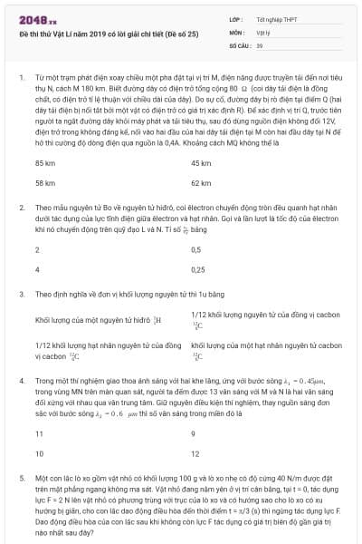 Đề thi thử Vật Lí năm 2019 có lời giải chi tiết (Đề số 25)