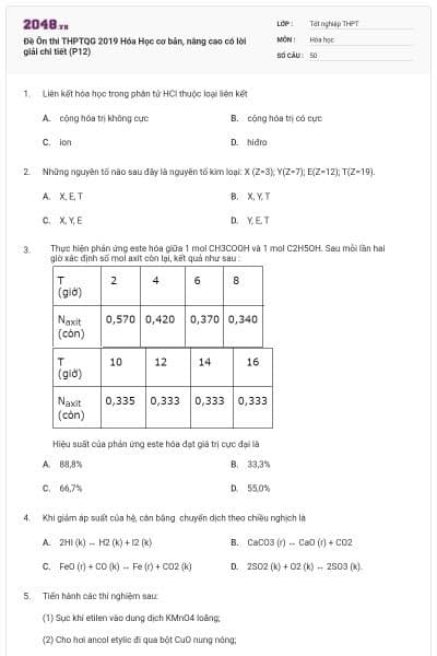 Đề Ôn thi THPTQG 2019 Hóa Học cơ bản, nâng cao có lời giải chi tiết (P12)