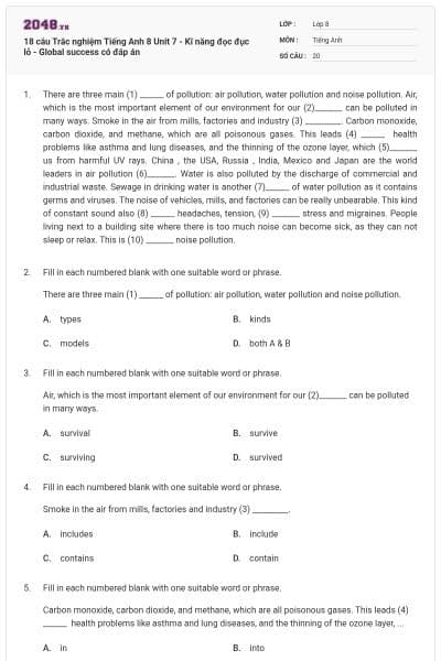 18 câu Trắc nghiệm Tiếng Anh 8 Unit 7 - Kĩ năng đọc đục lỗ - Global success có đáp án