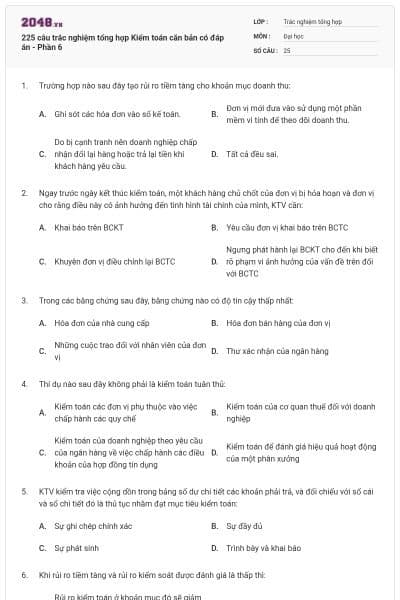 225 câu trắc nghiệm tổng hợp Kiểm toán căn bản có đáp án - Phần 6