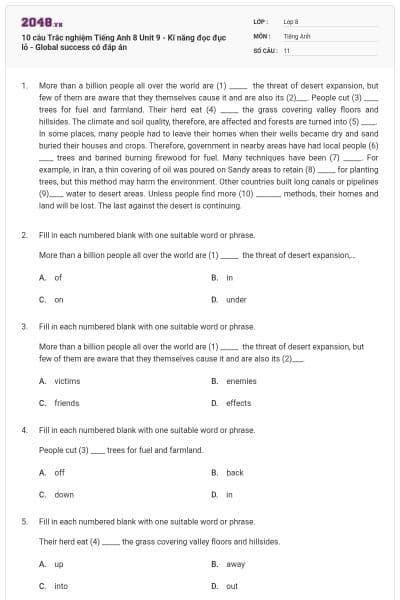 10 câu Trắc nghiệm Tiếng Anh 8 Unit 9 - Kĩ năng đọc đục lỗ - Global success có đáp án