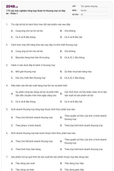 175 câu trắc nghiệm tổng hợp Quản trị thương mại có đáp án - Phần 1