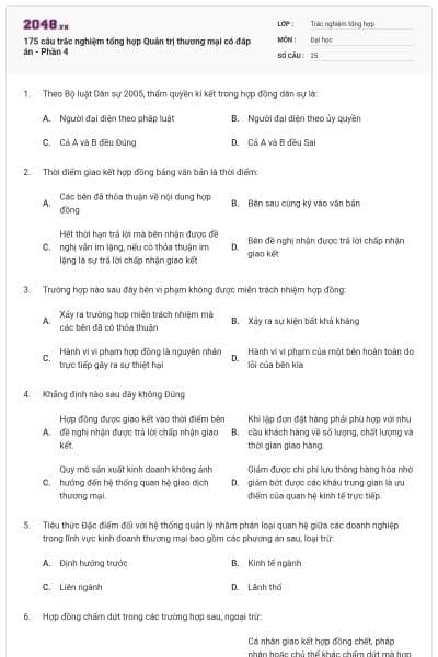 175 câu trắc nghiệm tổng hợp Quản trị thương mại có đáp án - Phần 4