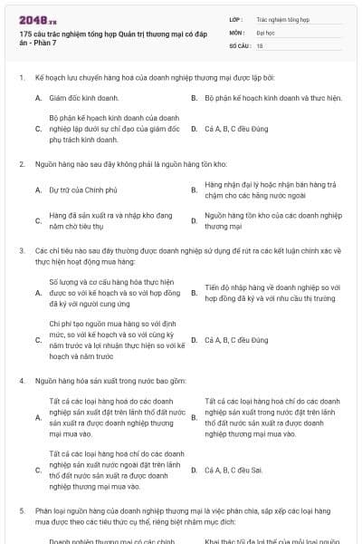 175 câu trắc nghiệm tổng hợp Quản trị thương mại có đáp án - Phần 7