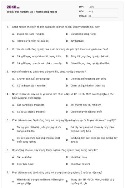 30 câu trắc nghiệm: Địa lí ngành công nghiệp