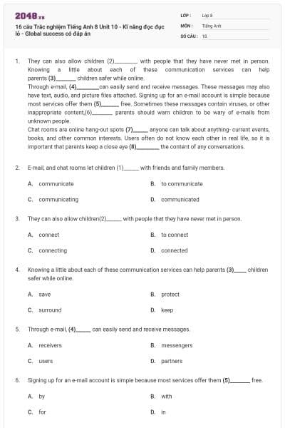 16 câu Trắc nghiệm Tiếng Anh 8 Unit 10 - Kĩ năng đọc đục lỗ - Global success có đáp án