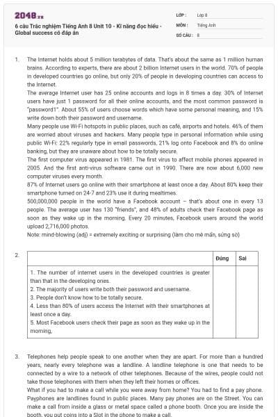 6 câu Trắc nghiệm Tiếng Anh 8 Unit 10 - Kĩ năng đọc hiểu - Global success có đáp án