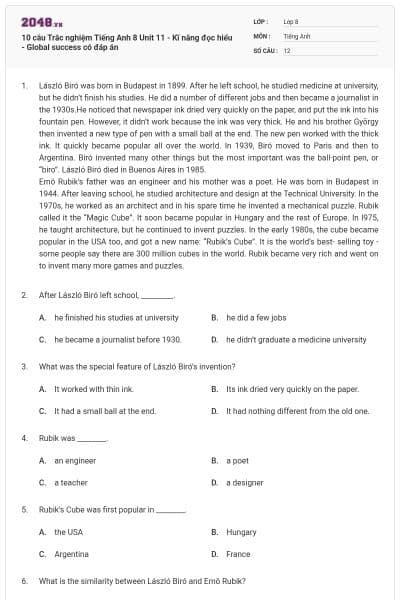 10 câu Trắc nghiệm Tiếng Anh 8 Unit 11 - Kĩ năng đọc hiểu - Global success có đáp án