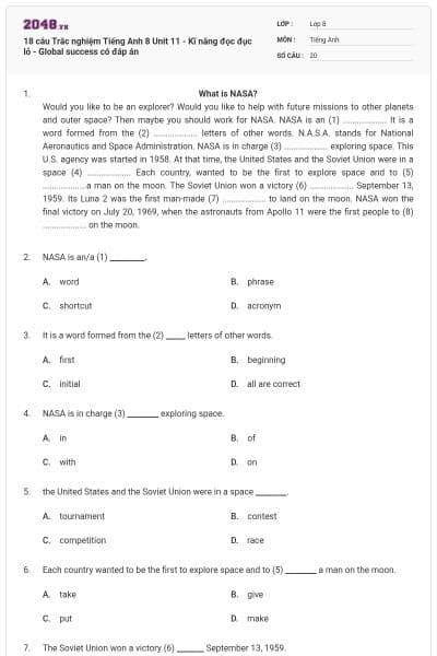 18 câu Trắc nghiệm Tiếng Anh 8 Unit 11 - Kĩ năng đọc đục lỗ - Global success có đáp án