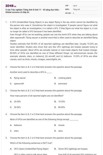 5 câu Trắc nghiệm Tiếng Anh 8 Unit 11 - Kĩ năng đọc hiểu - Global success có đáp án