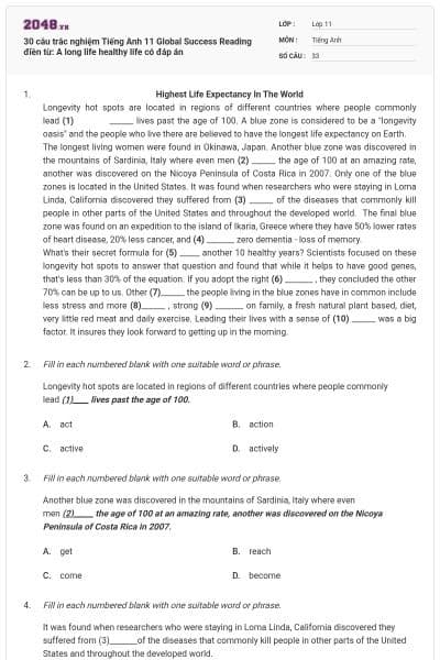 30 câu trắc nghiệm Tiếng Anh 11 Global Success Reading điền từ: A long life healthy life có đáp án
