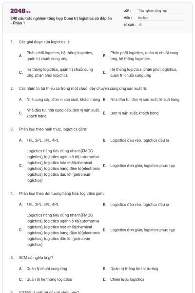 240 câu trắc nghiệm tổng hợp Quản trị logistics có đáp án - Phần 1