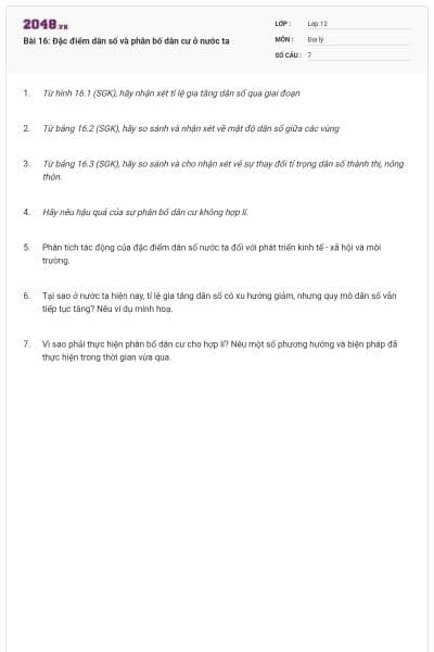 Bài 16: Đặc điểm dân số và phân bố dân cư ở nước ta