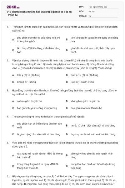 240 câu trắc nghiệm tổng hợp Quản trị logistics có đáp án - Phần 12