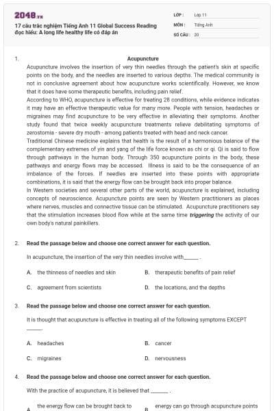 17 câu trắc nghiệm Tiếng Anh 11 Global Success Reading đọc hiểu: A long life healthy life có đáp án