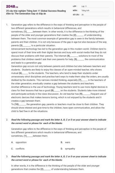 25 câu trắc nghiệm Tiếng Anh 11 Global Success Reading điền từ: The Generation Gap có đáp án