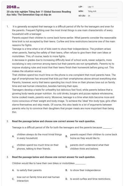 20 câu trắc nghiệm Tiếng Anh 11 Global Success Reading đọc hiểu: The Generation Gap có đáp án
