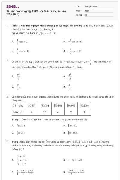 Đề minh họa tốt nghiệp THPT môn Toán có đáp án năm 2025 (Đề 8)