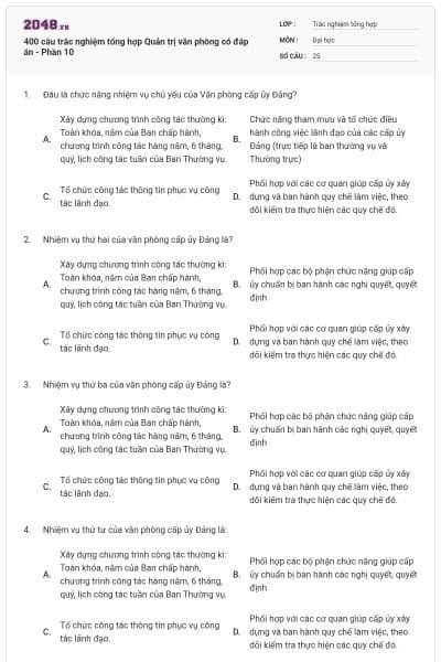 400 câu trắc nghiệm tổng hợp Quản trị văn phòng có đáp án - Phần 10