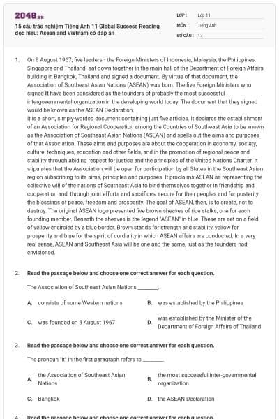 15 câu trắc nghiệm Tiếng Anh 11 Global Success Reading đọc hiểu: Asean and Vietnam có đáp án