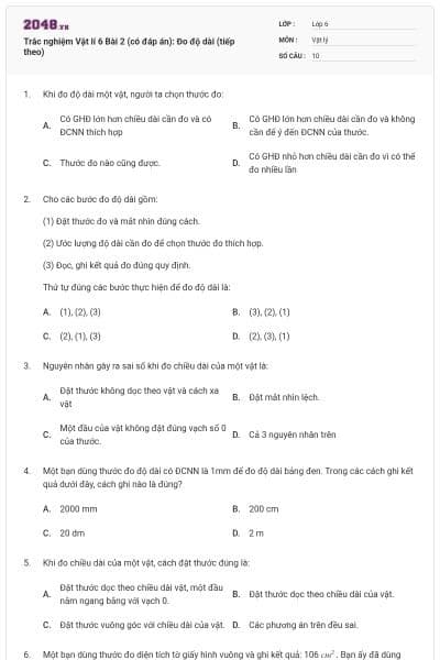 Trắc nghiệm Vật lí 6 Bài 2 (có đáp án): Đo độ dài (tiếp theo)